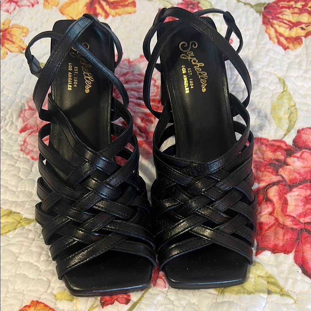 Seychelles Black Woven Strappy Leather Sandals Heels
